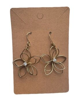 Gold Tone Floral Wire Drop Earrings with Rhinestone Center